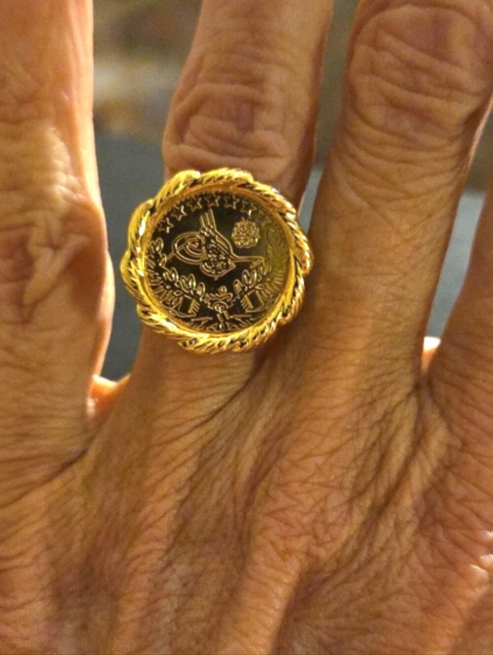 New!Turkish,18k gold plate, Coin Statement Ring - Bold Vintage Style